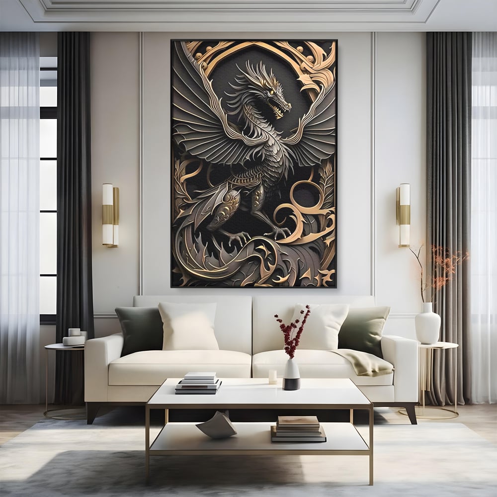Tablou canvas cu ilustratie digitala cu dragon mitic, in rama de aluminiu negru, pe perete intr-un living